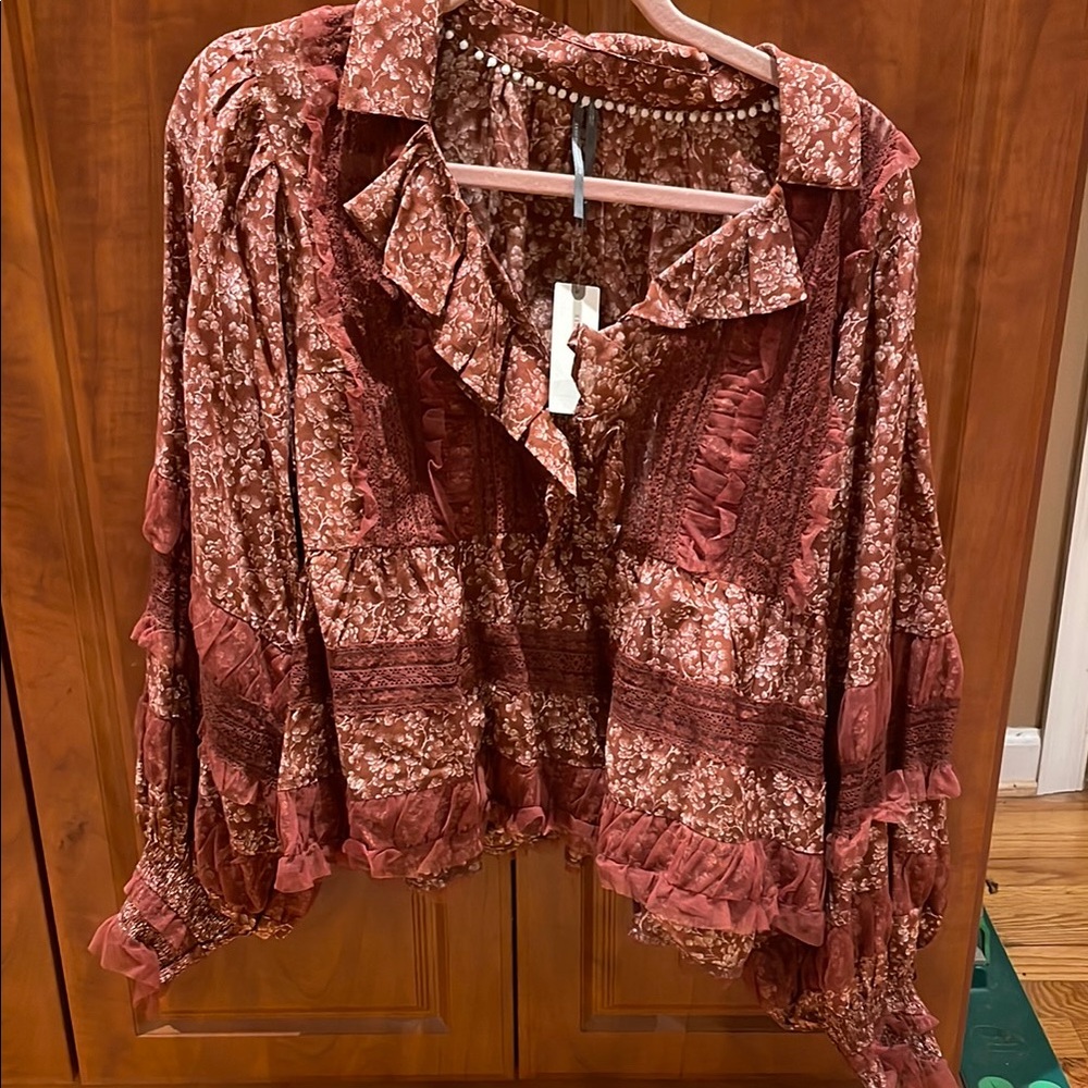 Anthropologie Pink Ruffled Crop Blouse with Notched Collar